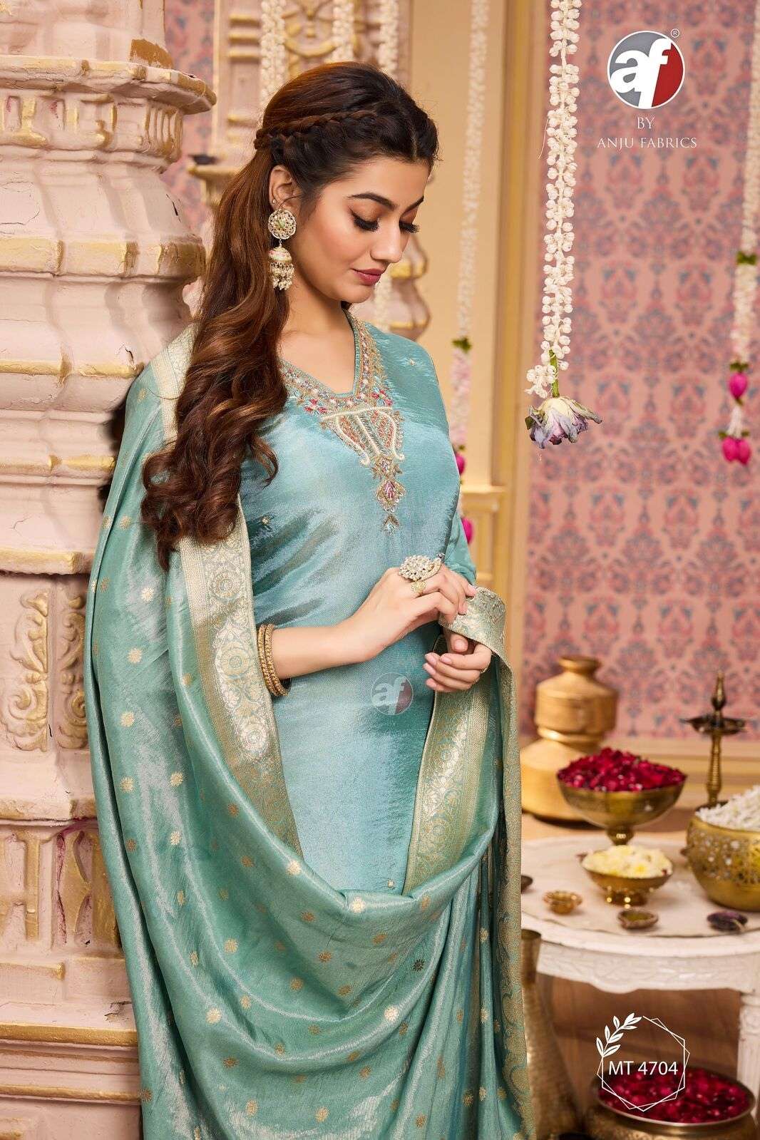 D.NO:- MT 4704 BY ANJU FABRICS IN PURE TISSUE SHIMMER KURTI PANT WITH DUPATTA 