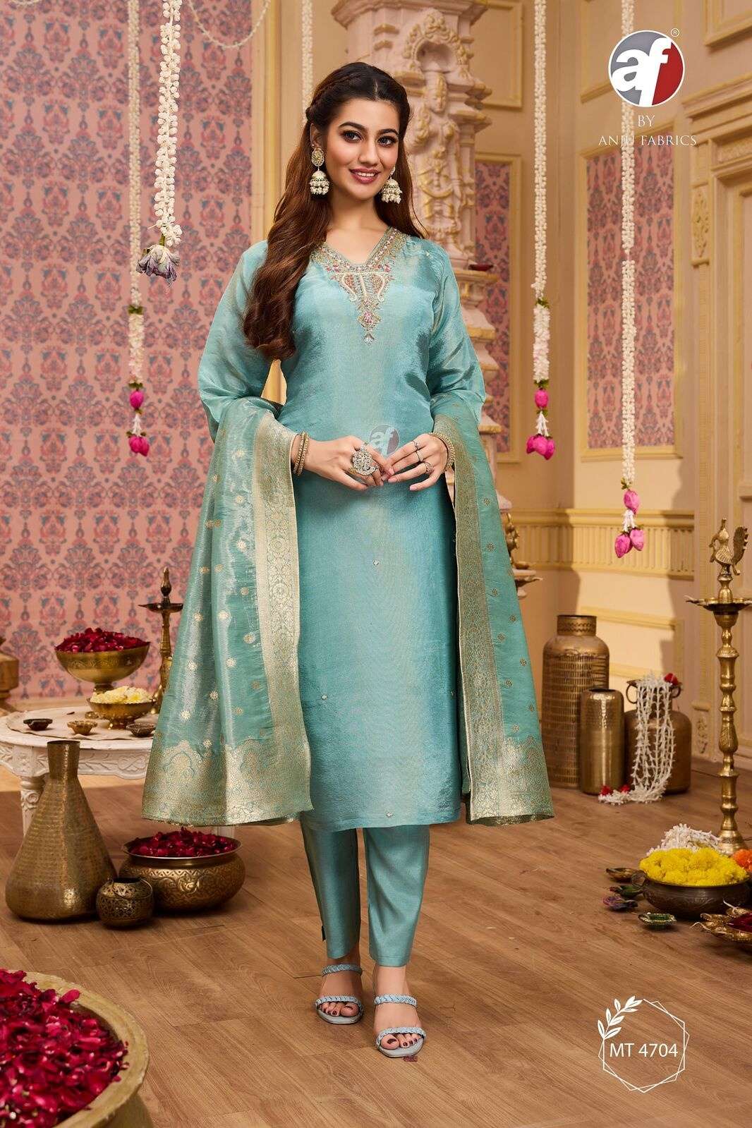 D.NO:- MT 4704 BY ANJU FABRICS IN PURE TISSUE SHIMMER KURTI PANT WITH DUPATTA 