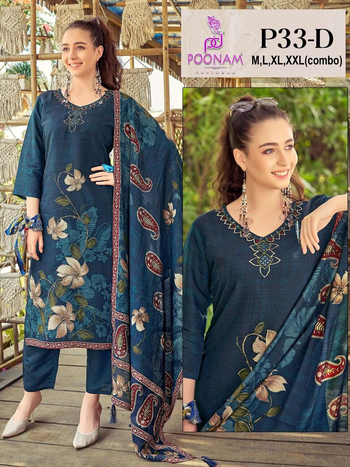 D.NO :- P33 BY POONAM DESIGNER IN PURE VISCOSE ROMAN SILK WITH NEACK FULL HANDWORK 