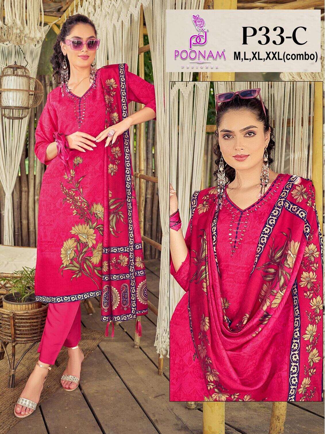 D.NO :- P33 BY POONAM DESIGNER IN PURE VISCOSE ROMAN SILK WITH NEACK FULL HANDWORK 