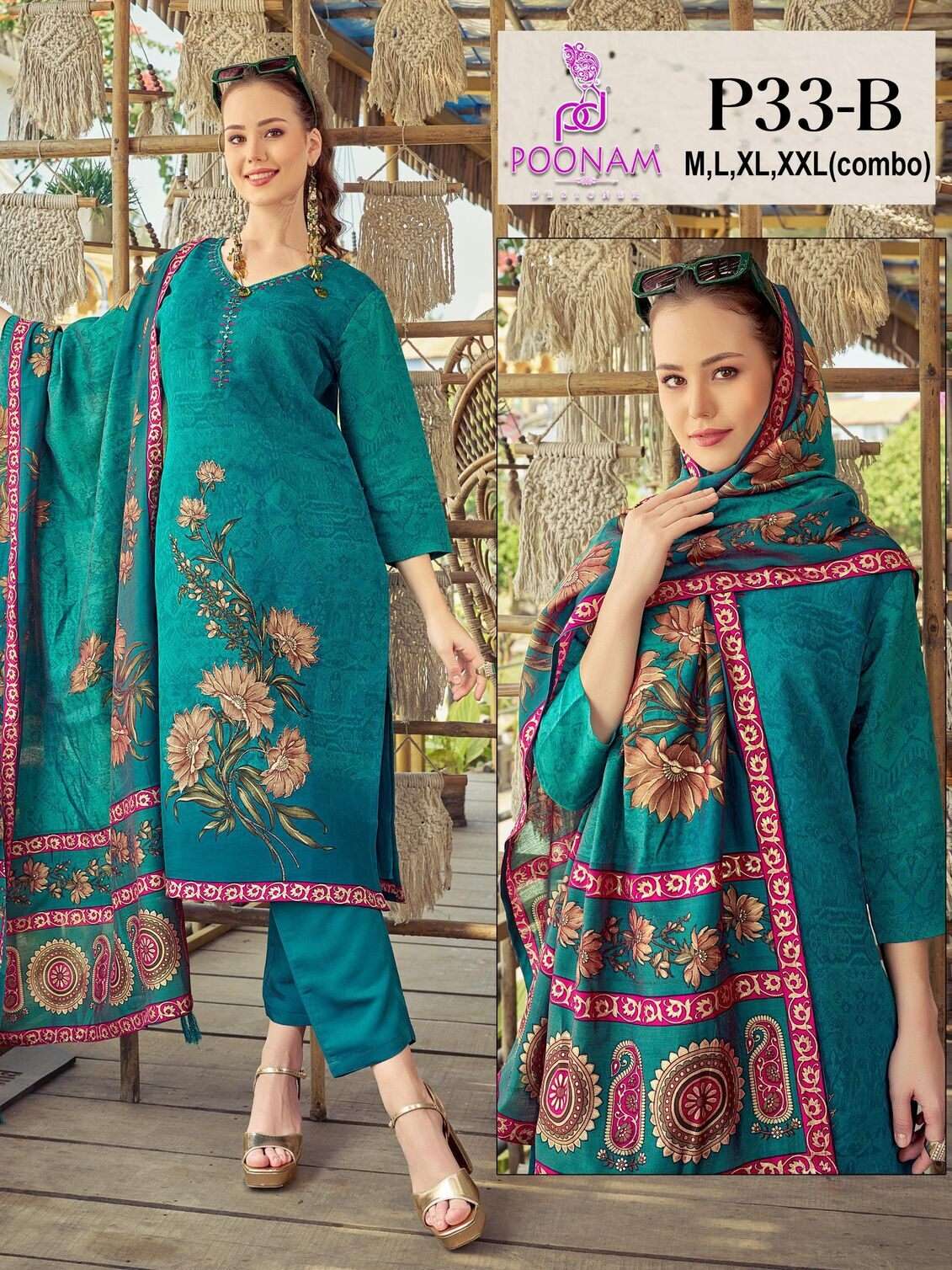 D.NO :- P33 BY POONAM DESIGNER IN PURE VISCOSE ROMAN SILK WITH NEACK FULL HANDWORK 