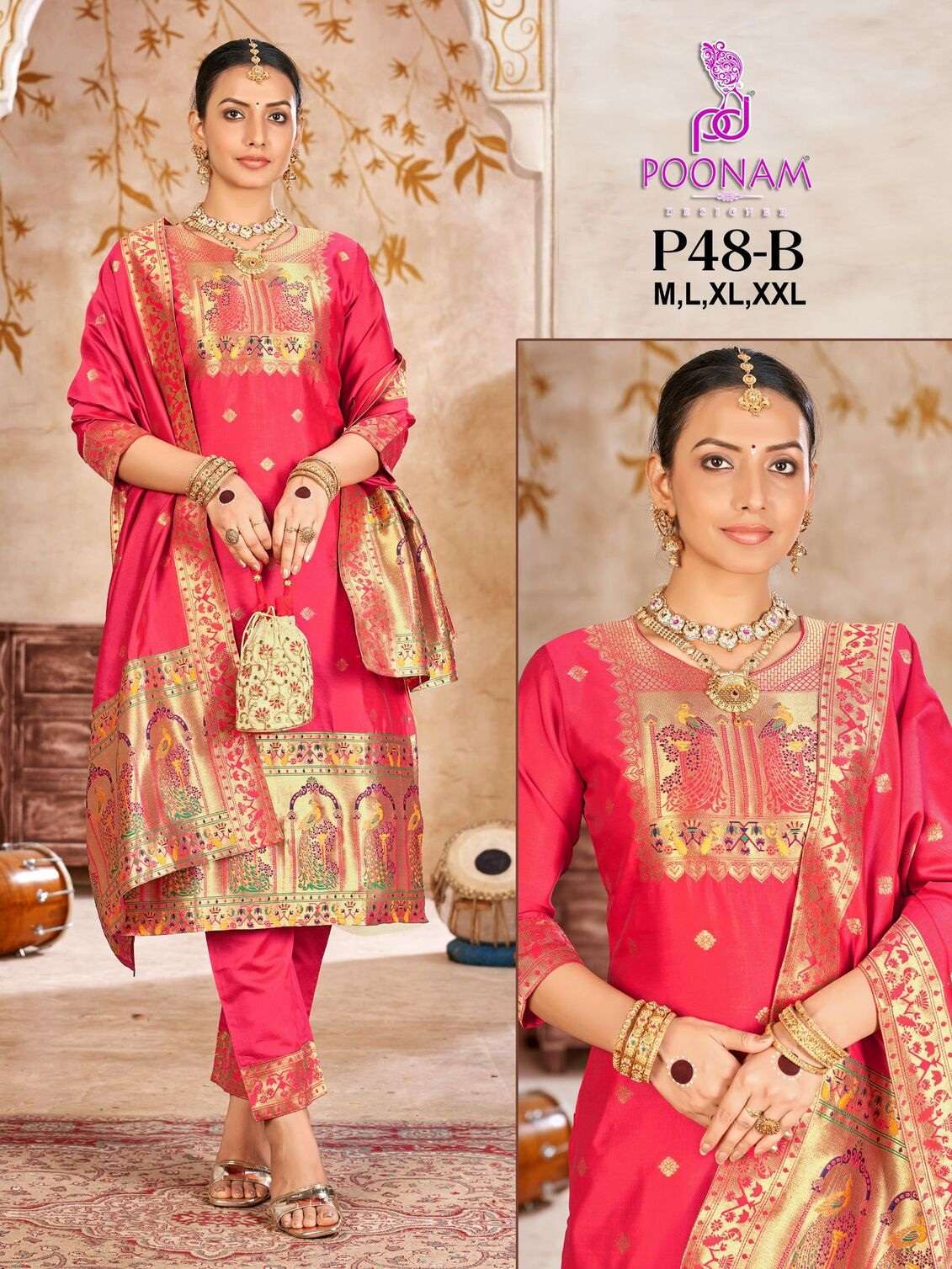 D.NO :- P48 BY POONAM DESIGNER IN PURE SOFT LICHI SILK WITH JACQUARDS PAITHANI CONCEPT 