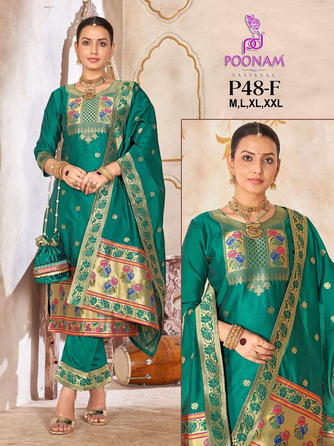 D.NO :- P48 BY POONAM DESIGNER IN PURE SOFT LICHI SILK WITH JACQUARDS PAITHANI CONCEPT 