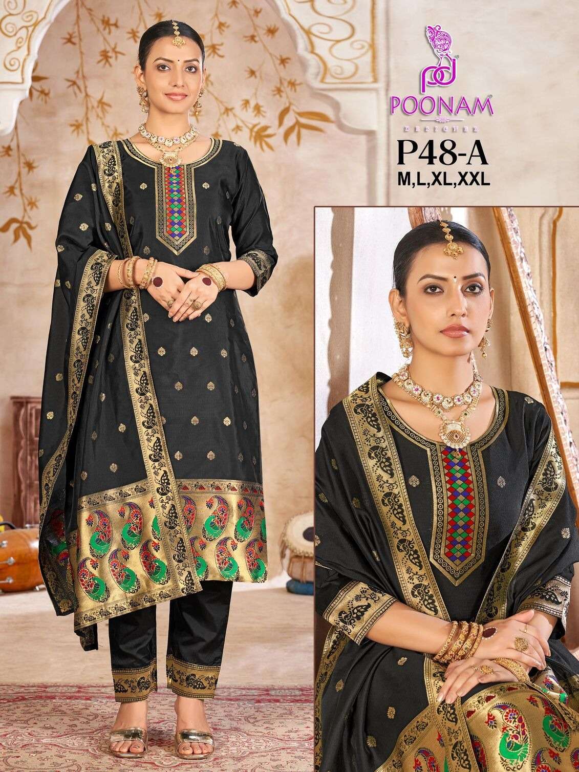 D.NO :- P48 BY POONAM DESIGNER IN PURE SOFT LICHI SILK WITH JACQUARDS PAITHANI CONCEPT 
