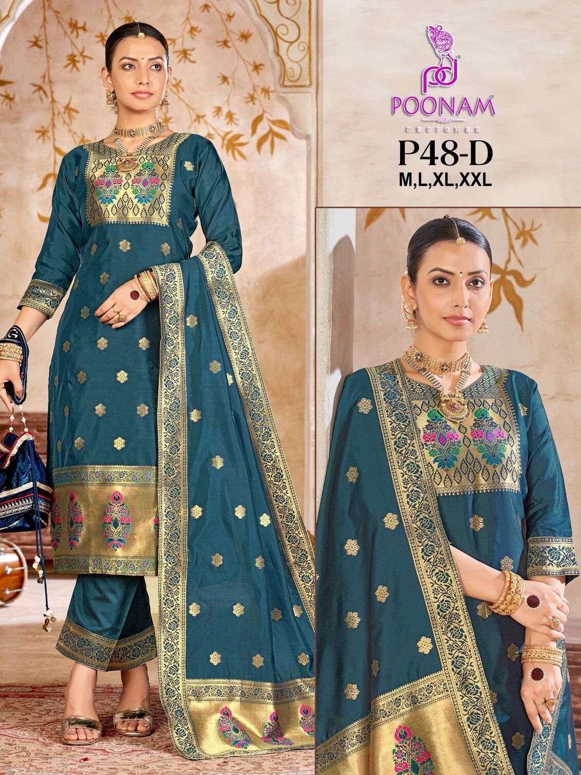 D.NO :- P48 BY POONAM DESIGNER IN PURE SOFT LICHI SILK WITH JACQUARDS PAITHANI CONCEPT 