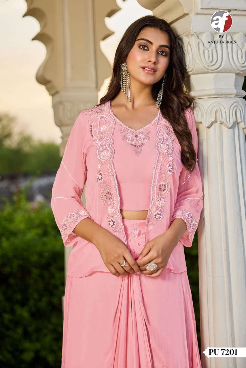 D.NO:- PU 7201 BY ANJU FABRICS IN PURE CHINON CHIFFON CROP TOP WITH DRAPE SKIRT & JACKET 