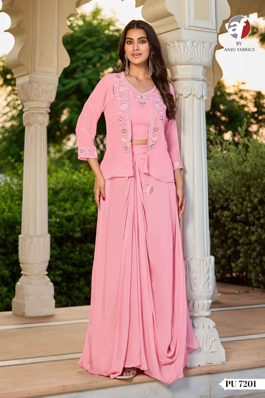 D.NO:- PU 7201 BY ANJU FABRICS IN PURE CHINON CHIFFON CROP TOP WITH DRAPE SKIRT & JACKET 
