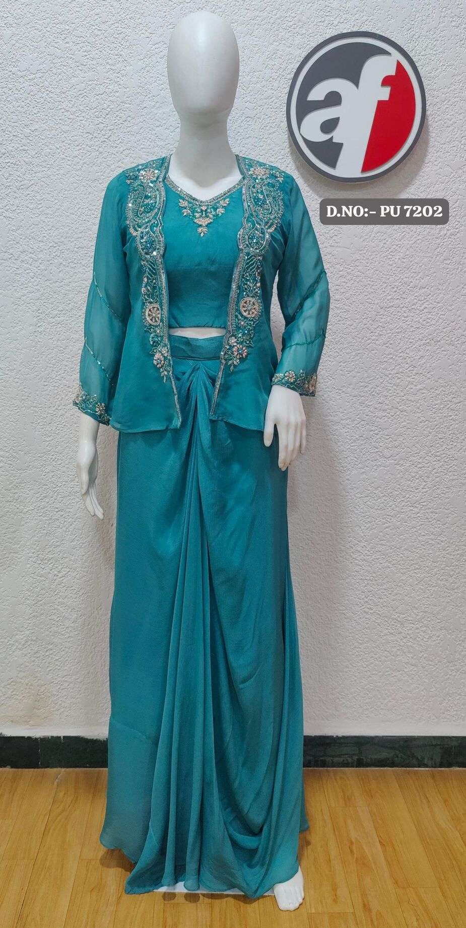 D.NO:- PU 7202 BY ANJU FABRICS IN PURE CHINON CHIFFON CROP TOP WITH DRAPE SKIRT & JACKET 