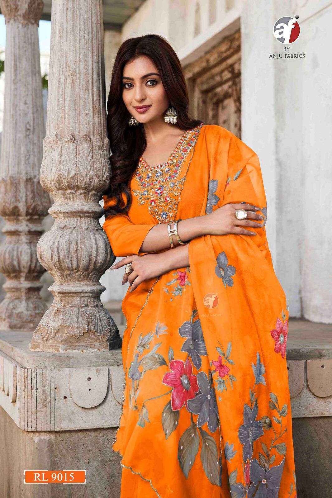 D.NO:- RL 9015 BY ANJU FABRICS IN PURE NATURAL CREPE KURTI PANT WITH ORGANZA DUPATTA