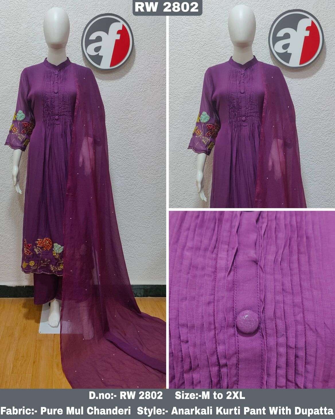 D.NO:- RW 2802 BY ANJU FABRICS IN PURE MUL CHANDERI ANARKALI KURTI WITH WIDE PANT & DUPATTA 