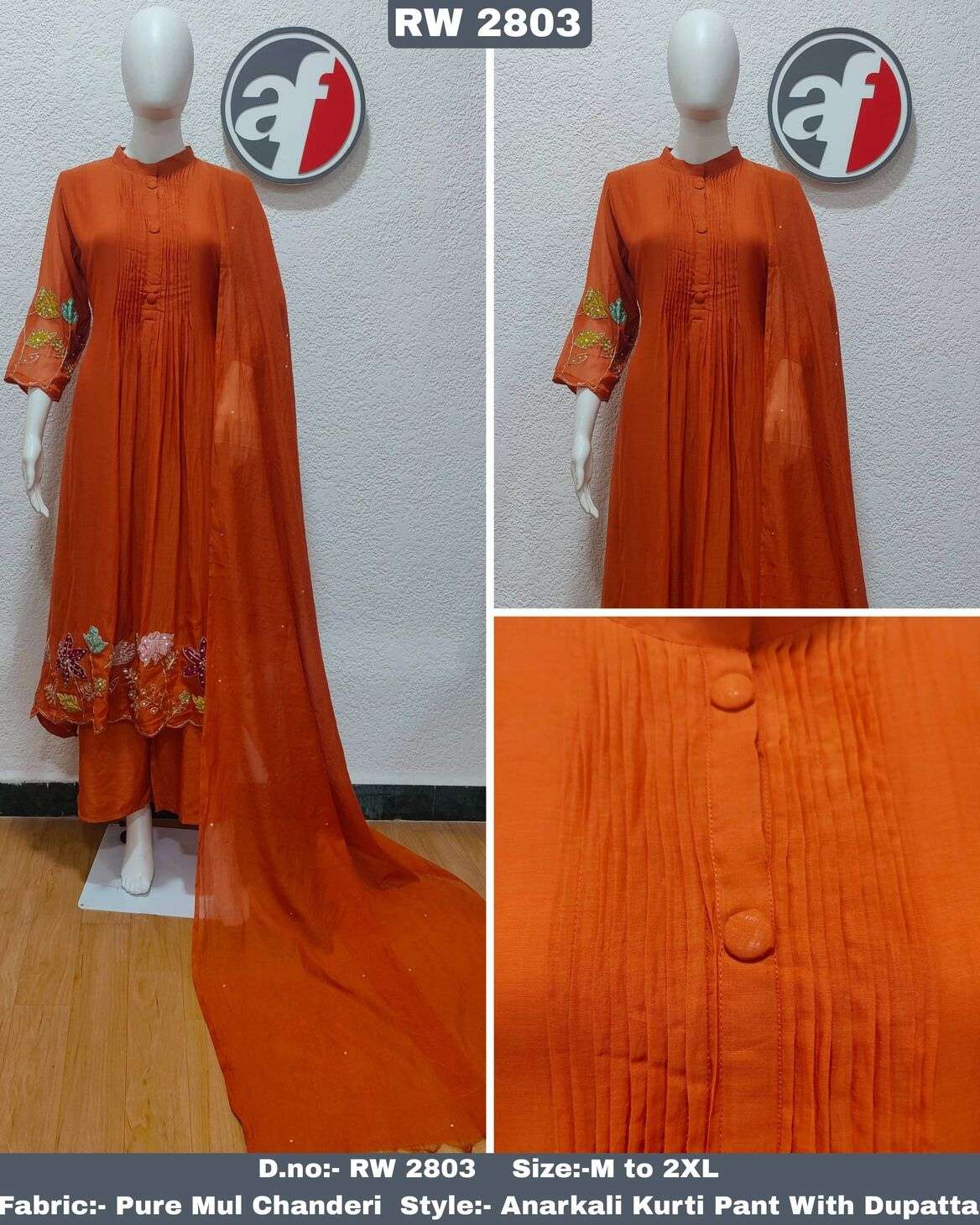 D.NO:- RW 2803 BY ANJU FABRICS IN PURE MUL CHANDERI ANARKALI KURTI WITH WIDE PANT & DUPATTA 