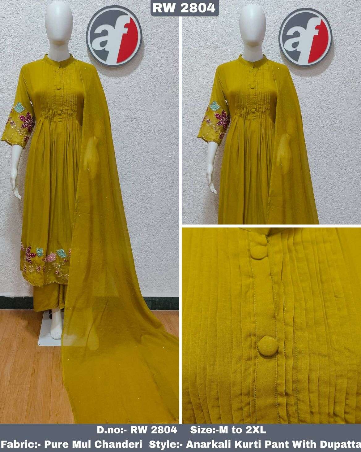 D.NO:- RW 2804 BY ANJU FABRICS IN PURE MUL CHANDERI ANARKALI KURTI WITH WIDE PANT & DUPATTA 