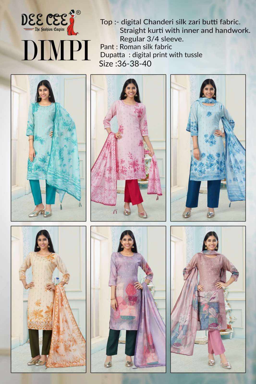 DIMPI BY DEECEE IN DIGITAL CHANDERI SILK ZARI BUTTI FABRIC STRAIGHT KURTI WITH INNER 