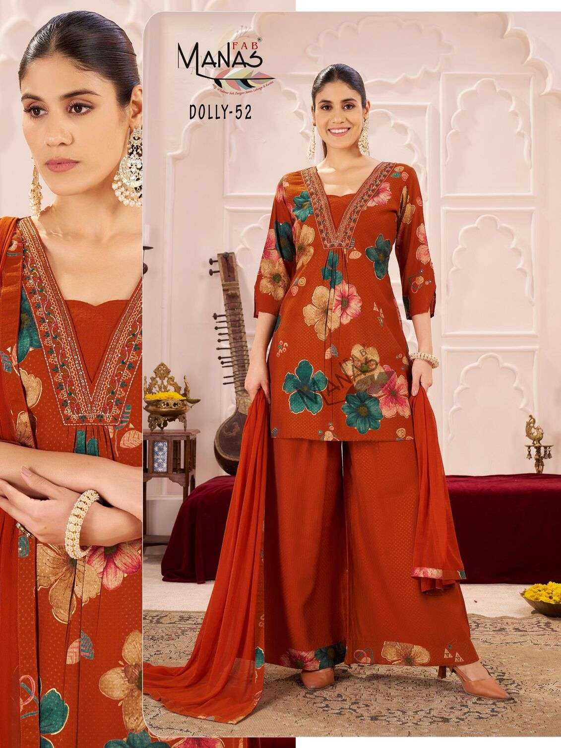 DOLLY BY MANAS FAB IN VERTICAL FABRICS KURTI PLAZZO AND DUPATTA 