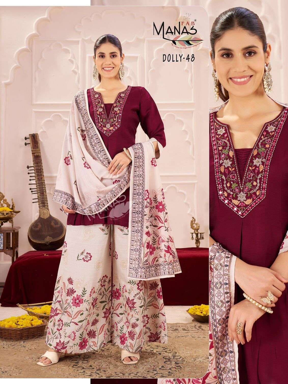 DOLLY BY MANAS FAB IN VERTICAL FABRICS KURTI PLAZZO AND DUPATTA 