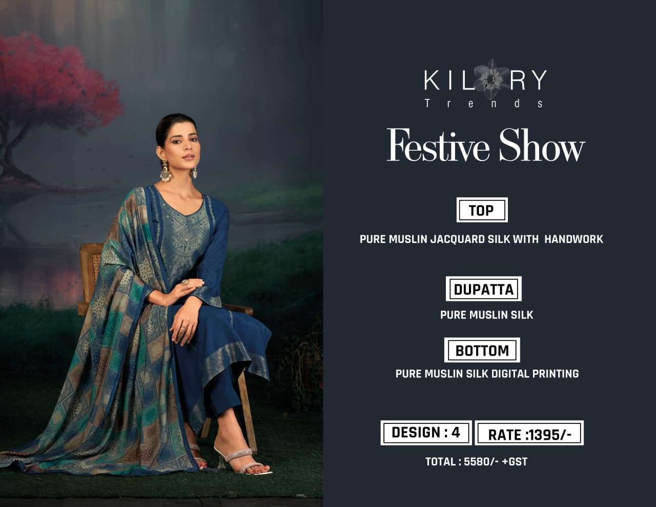 FESTIVE SHOW BY KILORY TRENDS IN PURE MUSLIN JACQUARD SILK WITH HANDWORK  