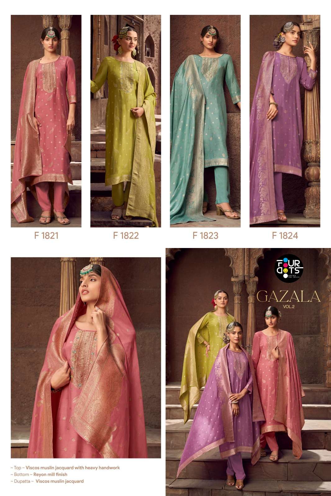 GAZALA VOL-2 BY FOURDOTS IN VISCOS MUSLIN JACQUARDS WITH HEAVY HAND WORK 