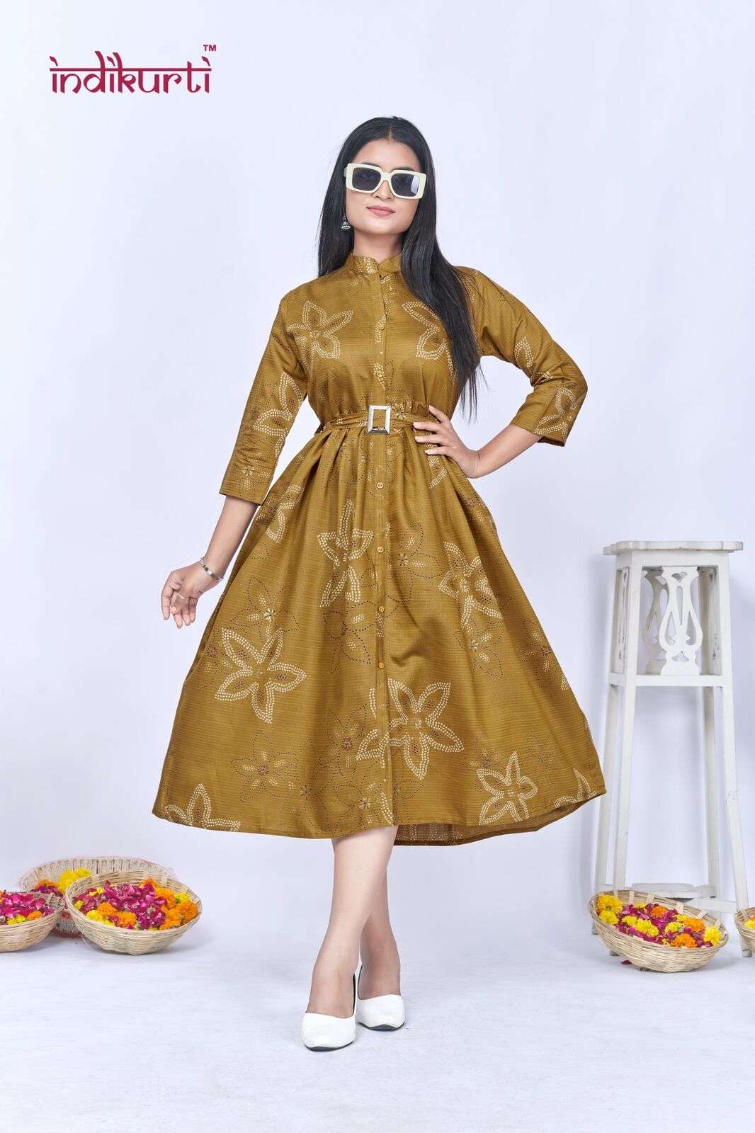 JHALAK BY INDIKURTI IN VERTICAN FOIL PRINT GOWN STYLE TUNICS WITH BELT 