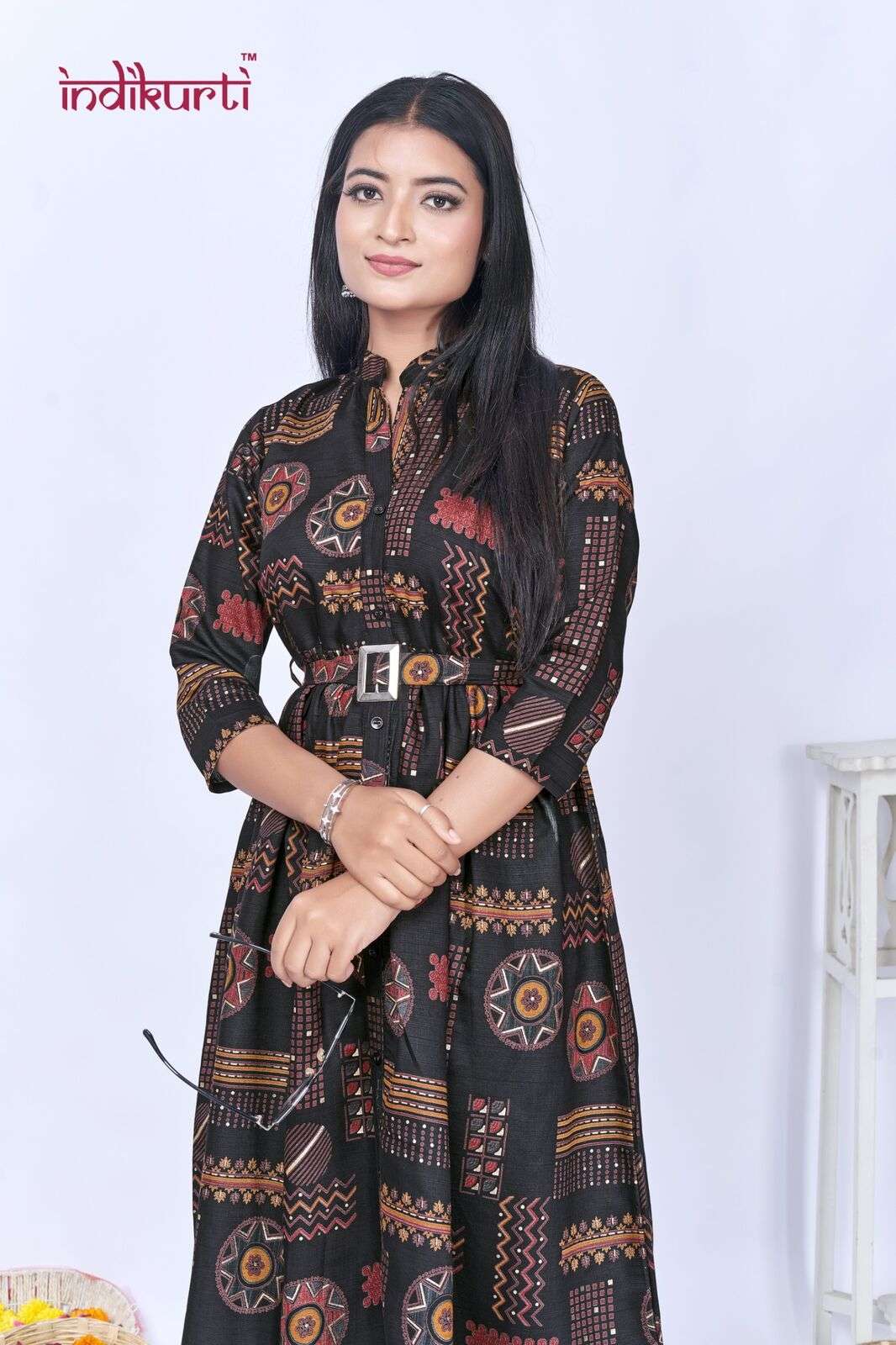 JHALAK BY INDIKURTI IN VERTICAN FOIL PRINT GOWN STYLE TUNICS WITH BELT 