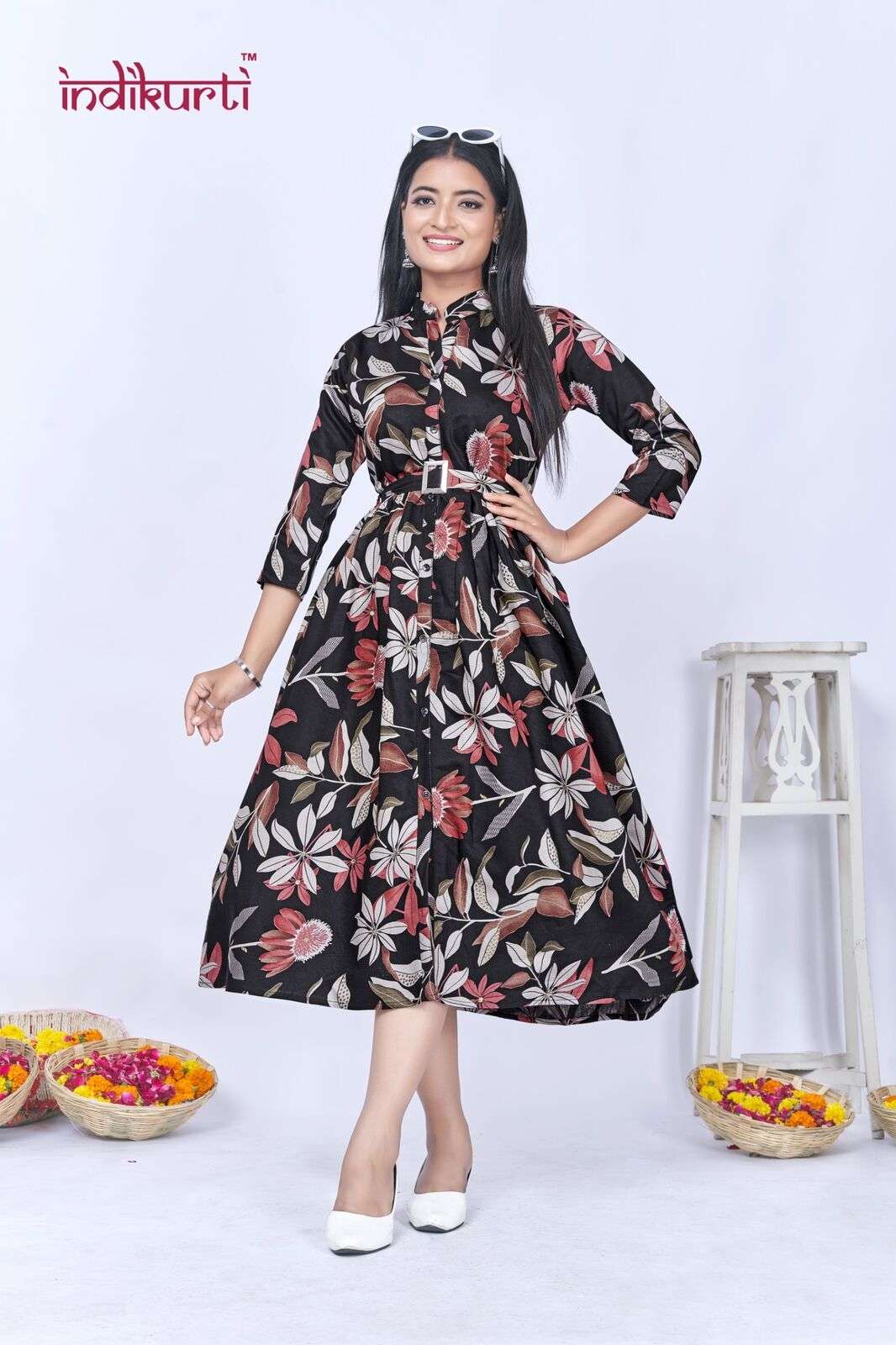 JHALAK BY INDIKURTI IN VERTICAN FOIL PRINT GOWN STYLE TUNICS WITH BELT 