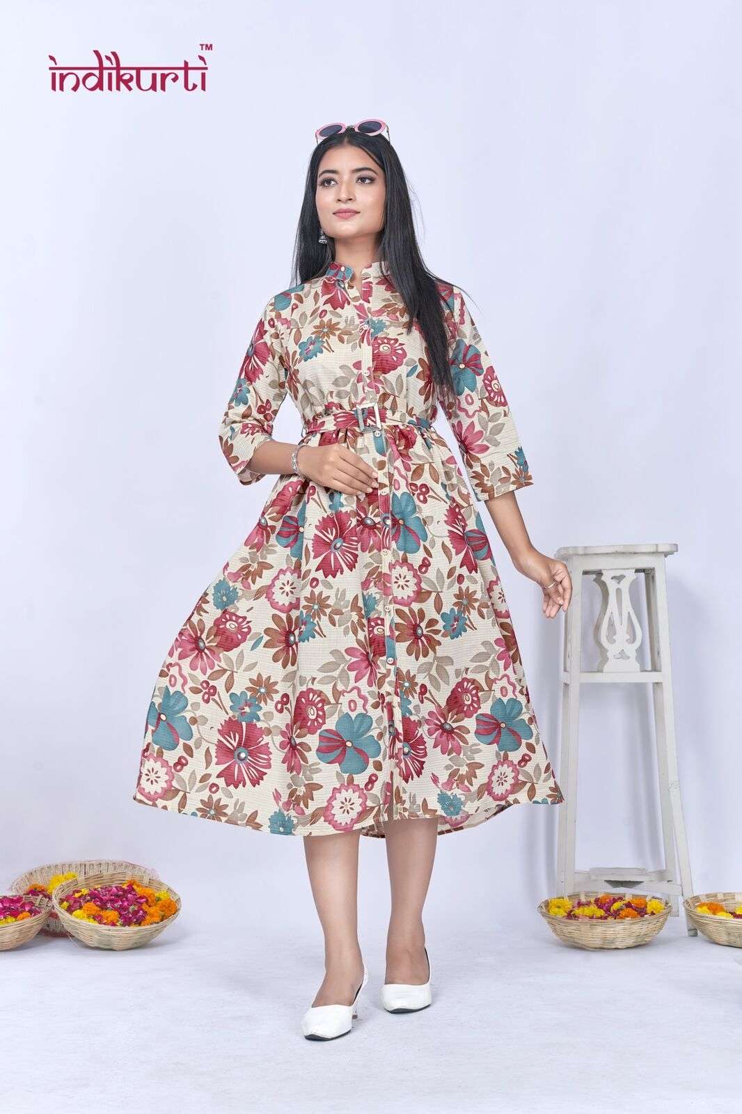 JHALAK BY INDIKURTI IN VERTICAN FOIL PRINT GOWN STYLE TUNICS WITH BELT 