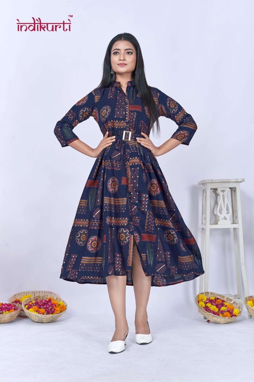 JHALAK BY INDIKURTI IN VERTICAN FOIL PRINT GOWN STYLE TUNICS WITH BELT 