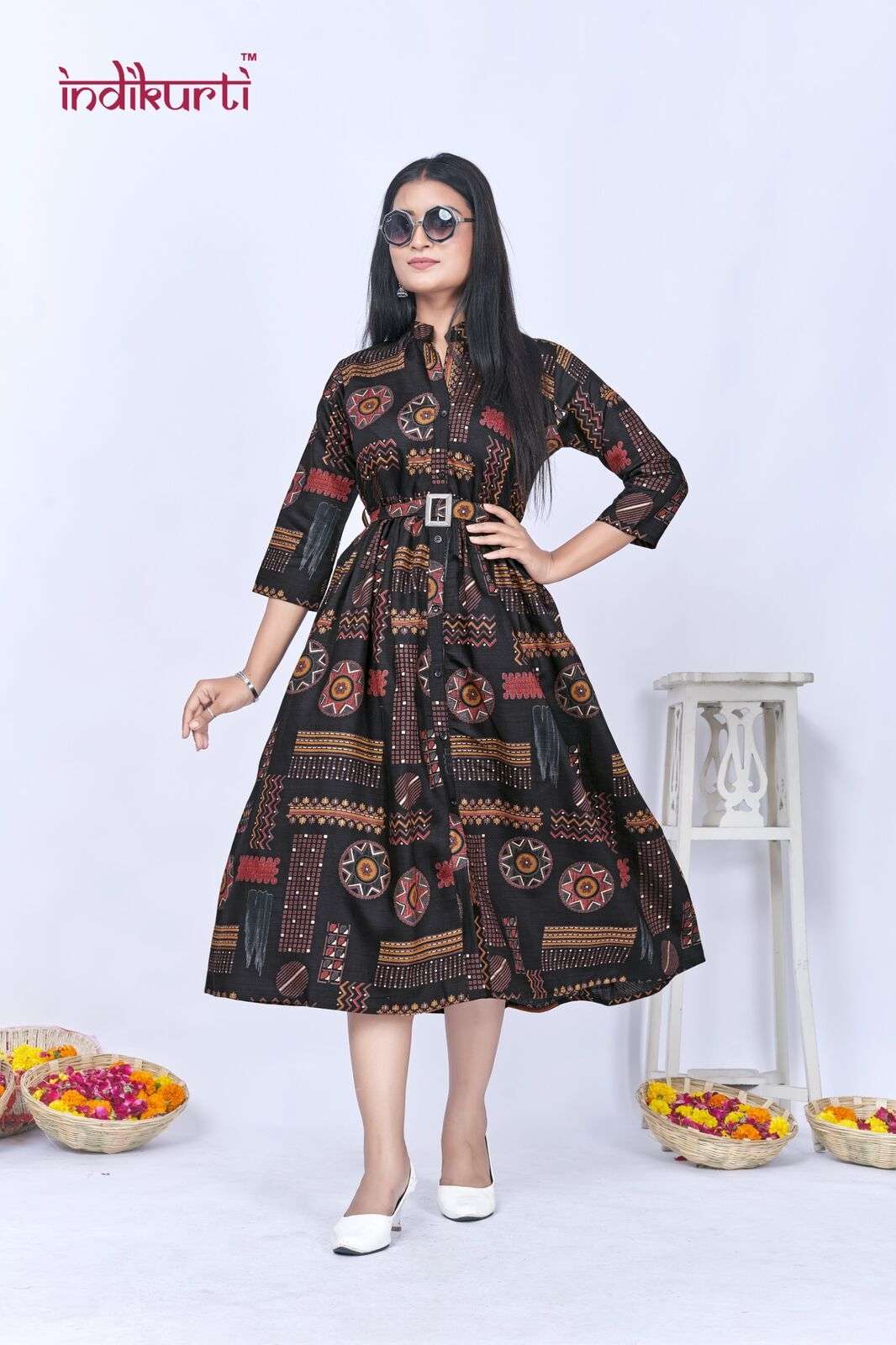 JHALAK BY INDIKURTI IN VERTICAN FOIL PRINT GOWN STYLE TUNICS WITH BELT 