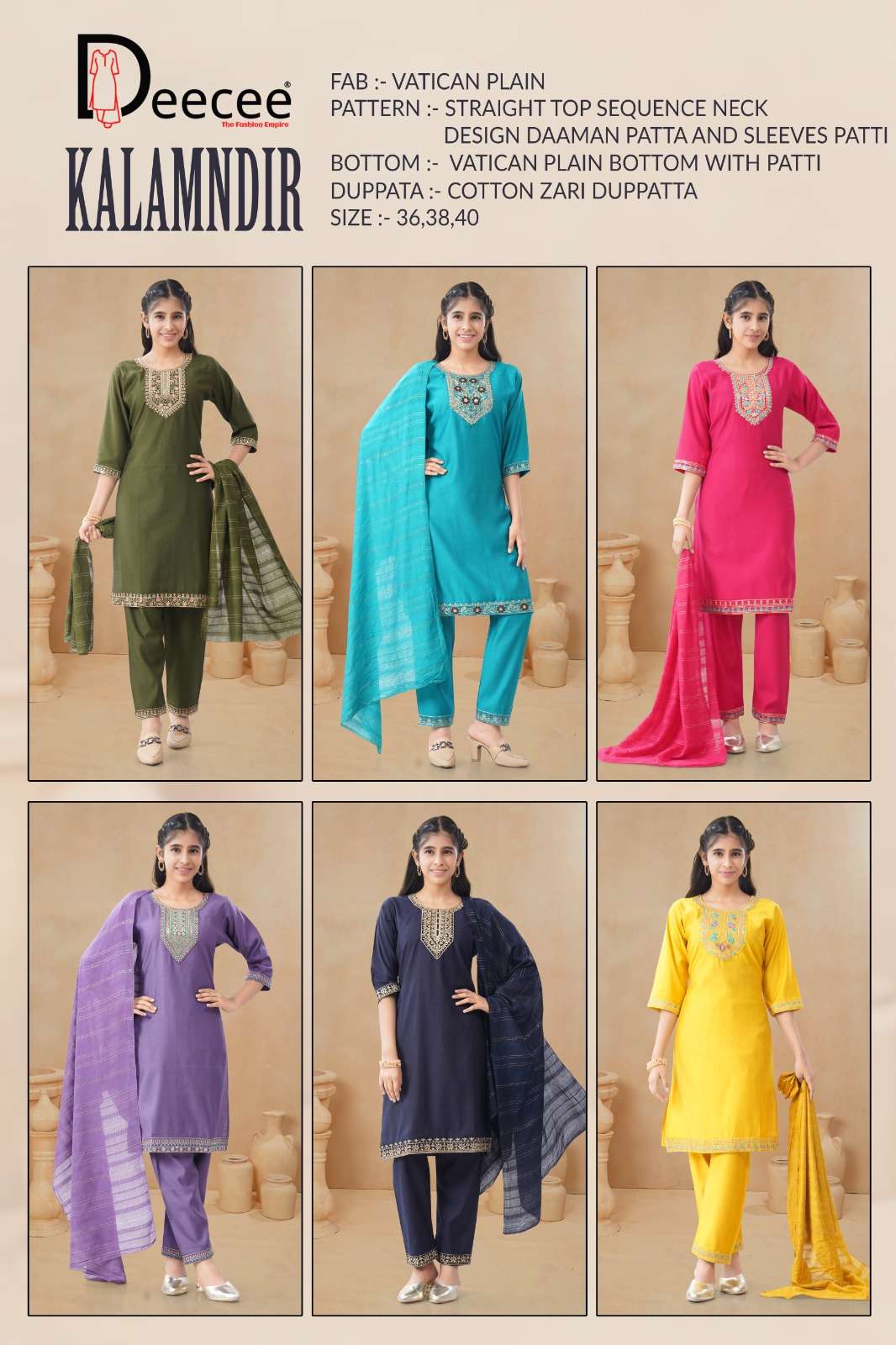 KALAMDIR BY DEECEE IN VATICAN PLAIN FABRICS STRAIGHT KURTI WITH SEQUENCE NECK DESIGN 