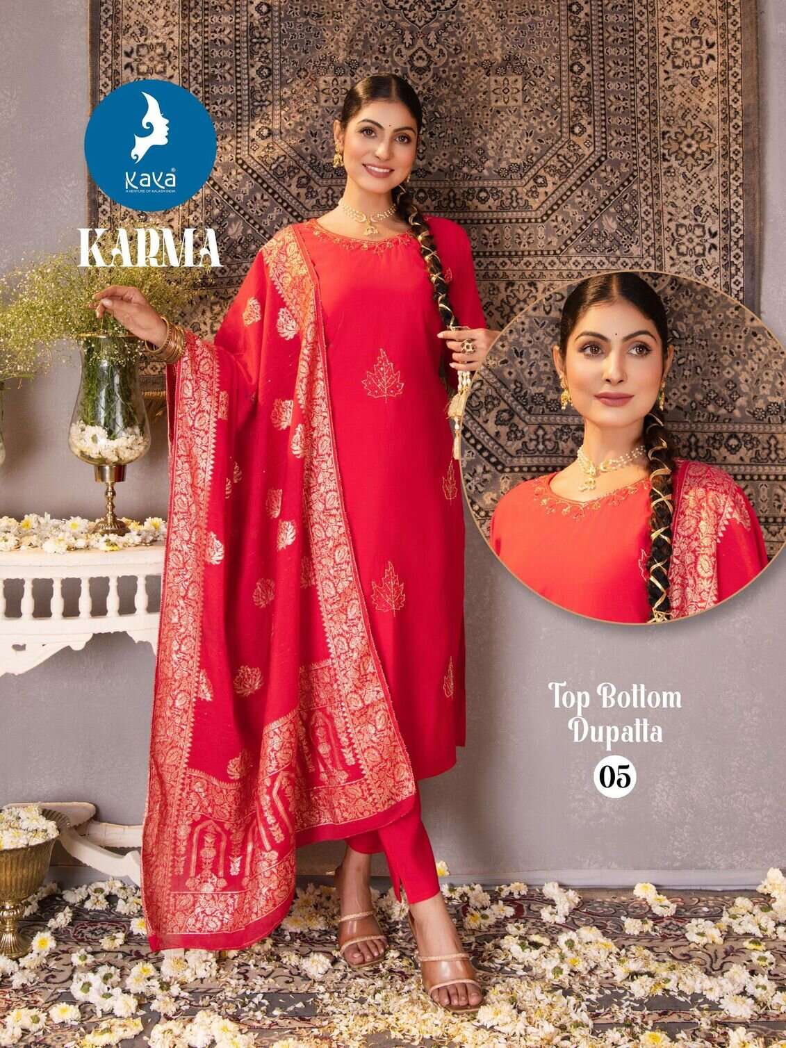 KARMA BY KAYA KURTI IN ROMAN SILK 3 PIECE  STRAIGHT CUT CONCEPT 