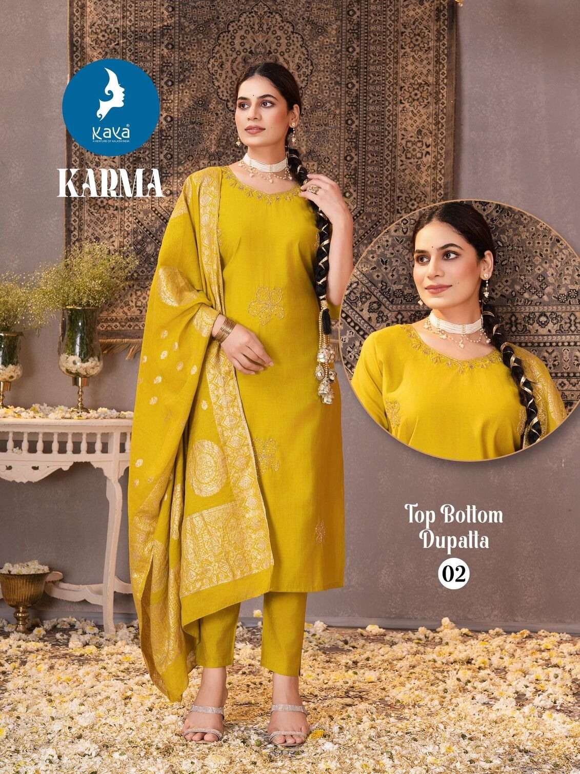 KARMA BY KAYA KURTI IN ROMAN SILK 3 PIECE  STRAIGHT CUT CONCEPT 
