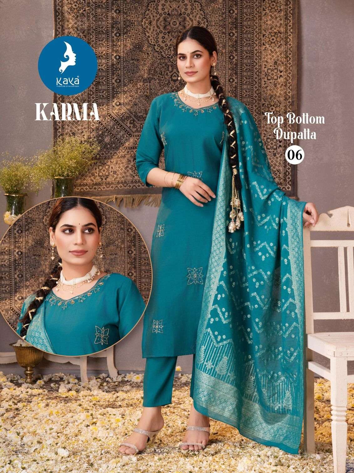 KARMA BY KAYA KURTI IN ROMAN SILK 3 PIECE  STRAIGHT CUT CONCEPT 