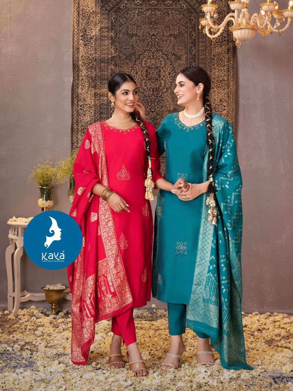 KARMA BY KAYA KURTI IN ROMAN SILK 3 PIECE  STRAIGHT CUT CONCEPT 