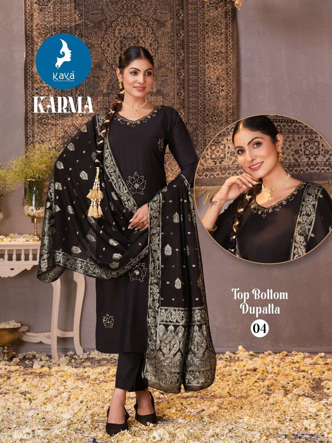 KARMA BY KAYA KURTI IN ROMAN SILK 3 PIECE  STRAIGHT CUT CONCEPT 