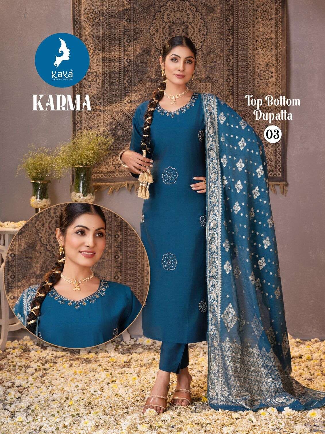 KARMA BY KAYA KURTI IN ROMAN SILK 3 PIECE  STRAIGHT CUT CONCEPT 