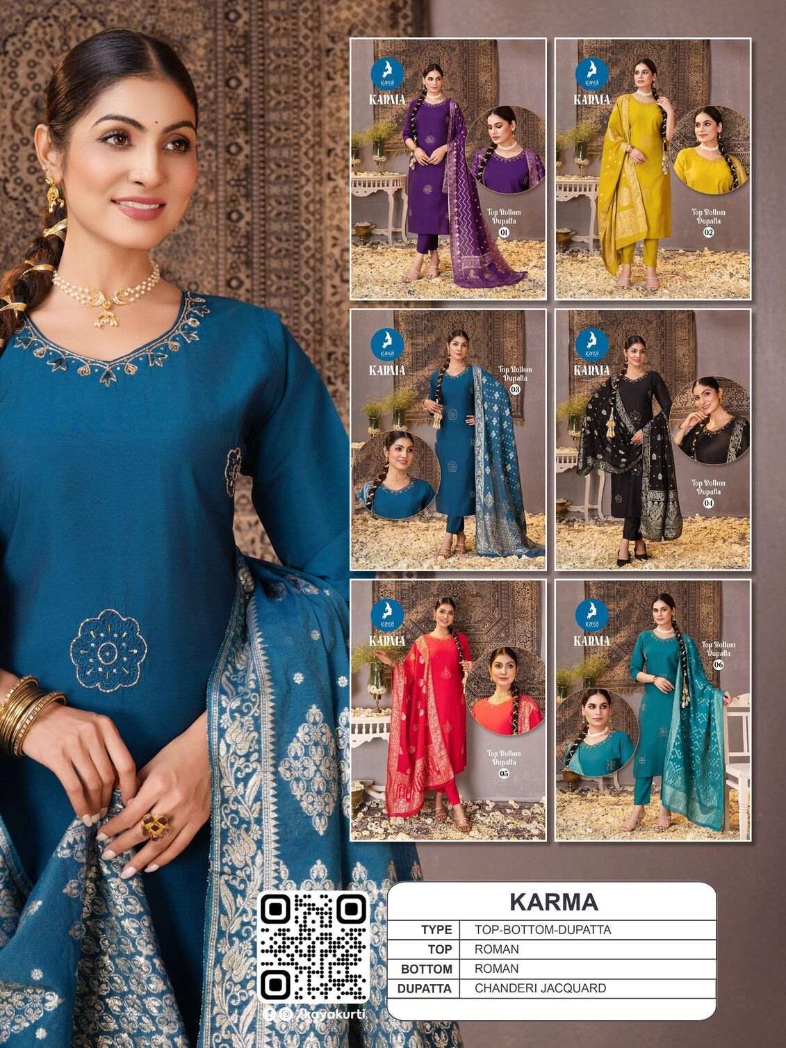 KARMA BY KAYA KURTI IN ROMAN SILK 3 PIECE  STRAIGHT CUT CONCEPT 
