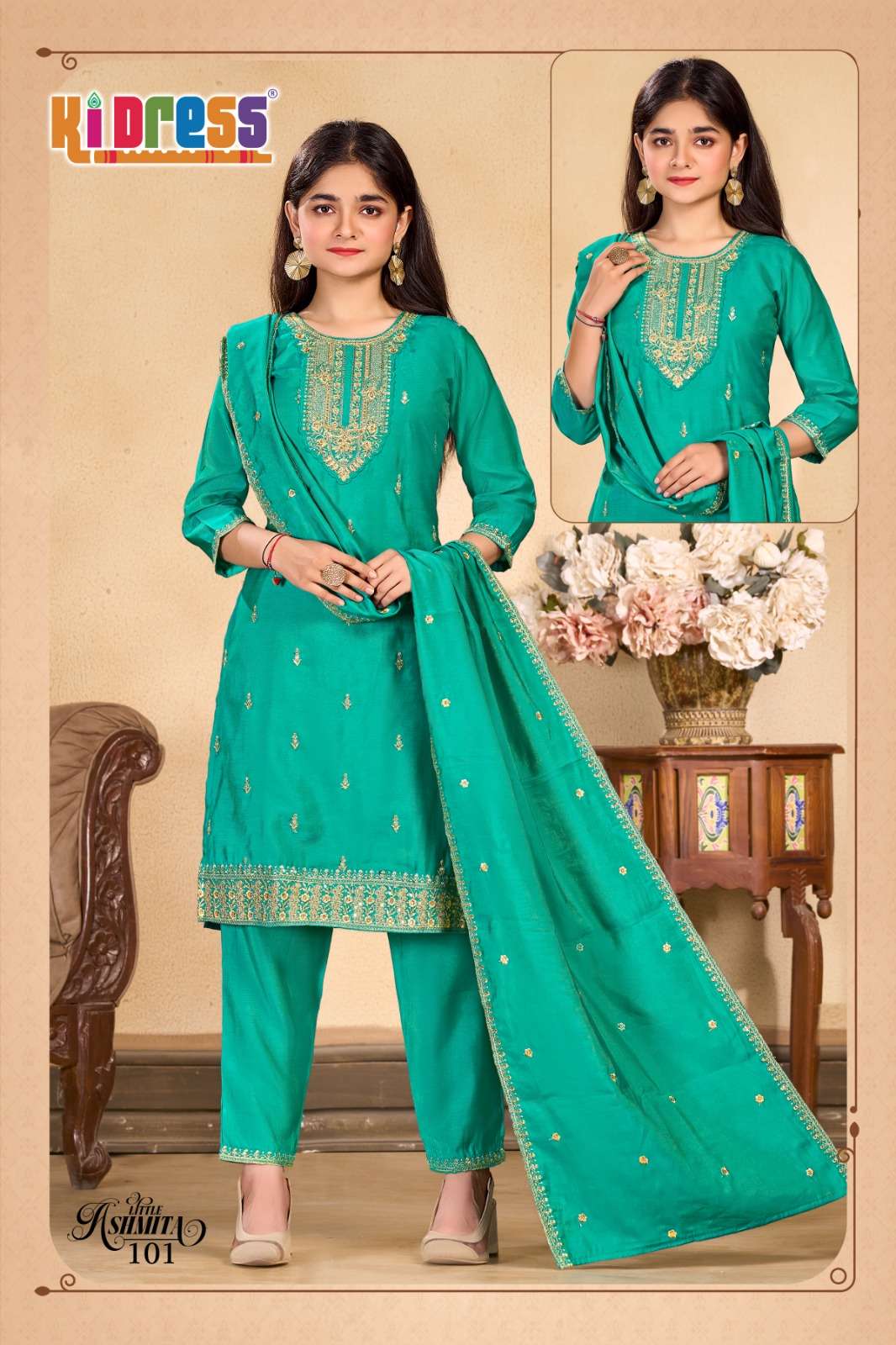 LITTLE ASHMITA BY KI DRESS IN ROMAN SILK FOR KIDS COLLECTION 