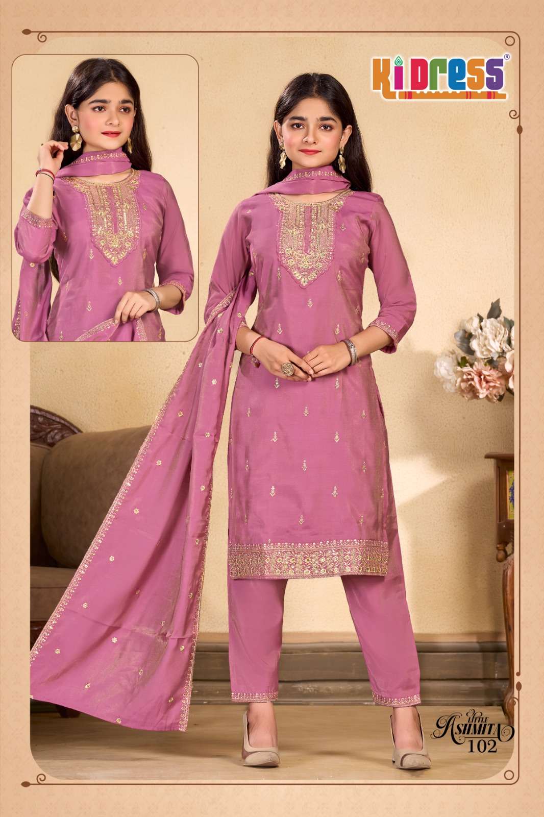 LITTLE ASHMITA BY KI DRESS IN ROMAN SILK FOR KIDS COLLECTION 