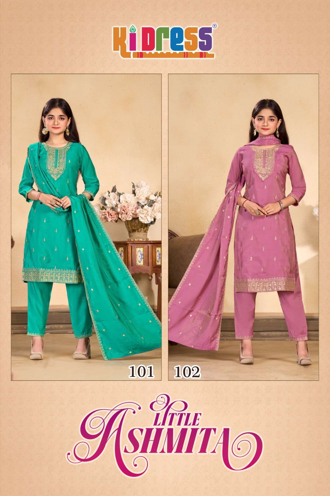 LITTLE ASHMITA BY KI DRESS IN ROMAN SILK FOR KIDS COLLECTION 