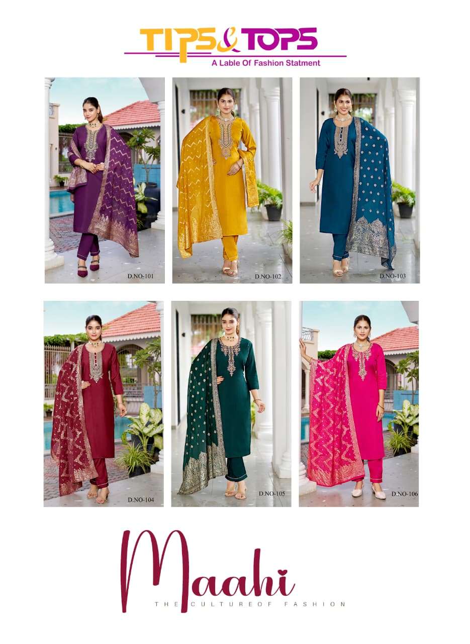 MAAHI BY TIPS & TOPS IN PREMIUM VISCOS ROMAN SILK WITH HEAVY EMBROIDERY WORK 