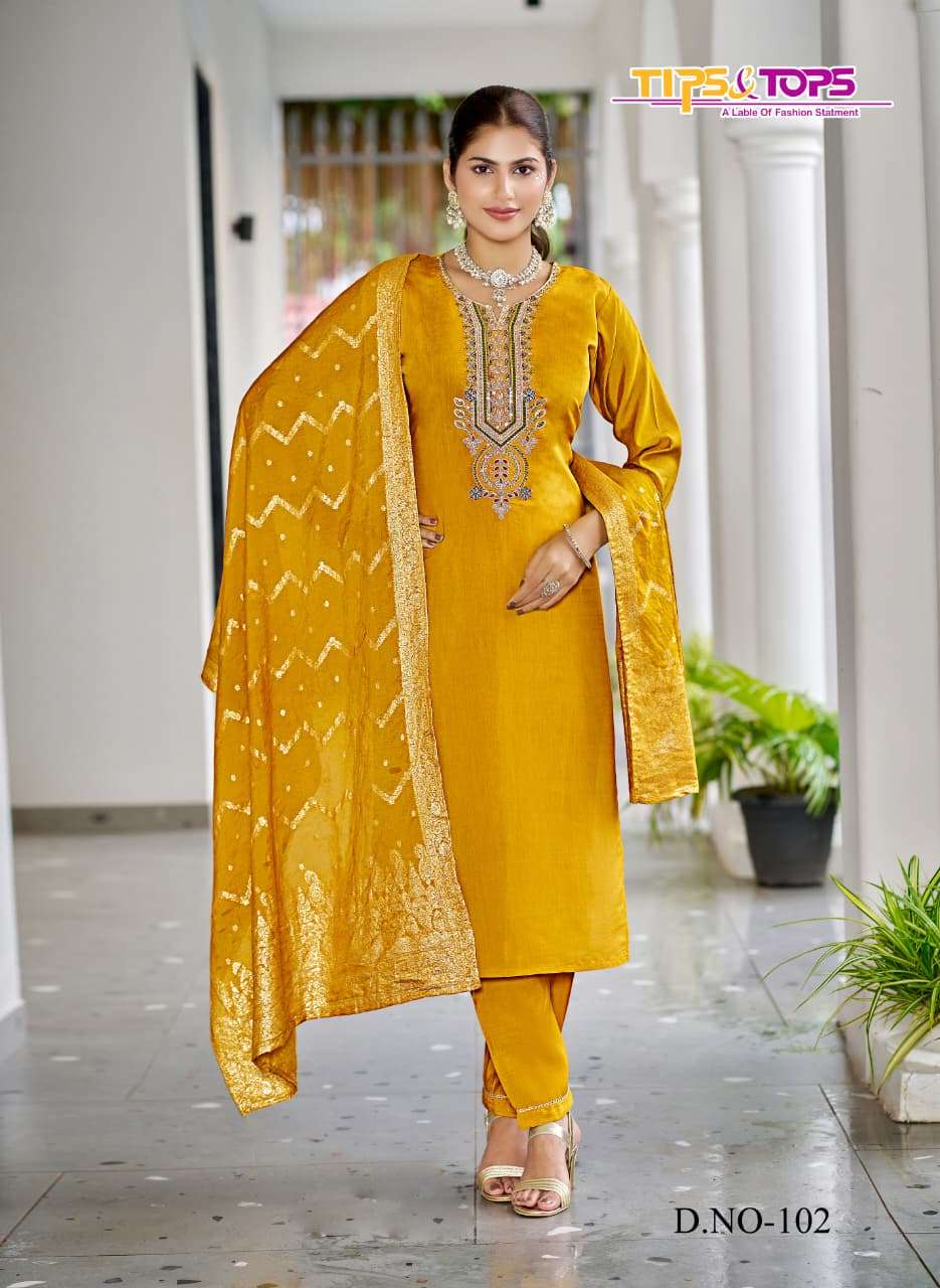 MAAHI BY TIPS & TOPS IN PREMIUM VISCOS ROMAN SILK WITH HEAVY EMBROIDERY WORK 