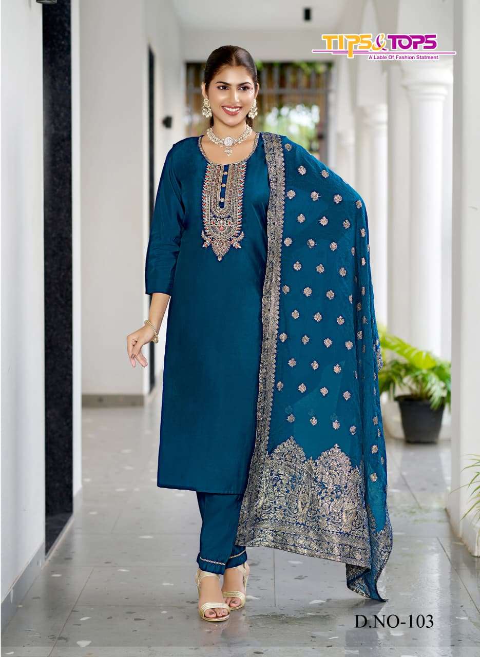 MAAHI BY TIPS & TOPS IN PREMIUM VISCOS ROMAN SILK WITH HEAVY EMBROIDERY WORK 