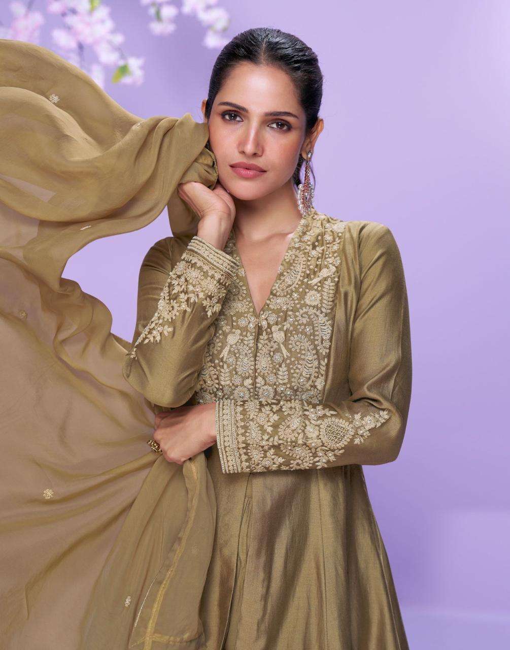 MAUSAM BY SAYURI DESIGNER IN REAL ROMAN SILK LONG CUT TOP WITH PLAZZO PANT AND EMBROIDERED 