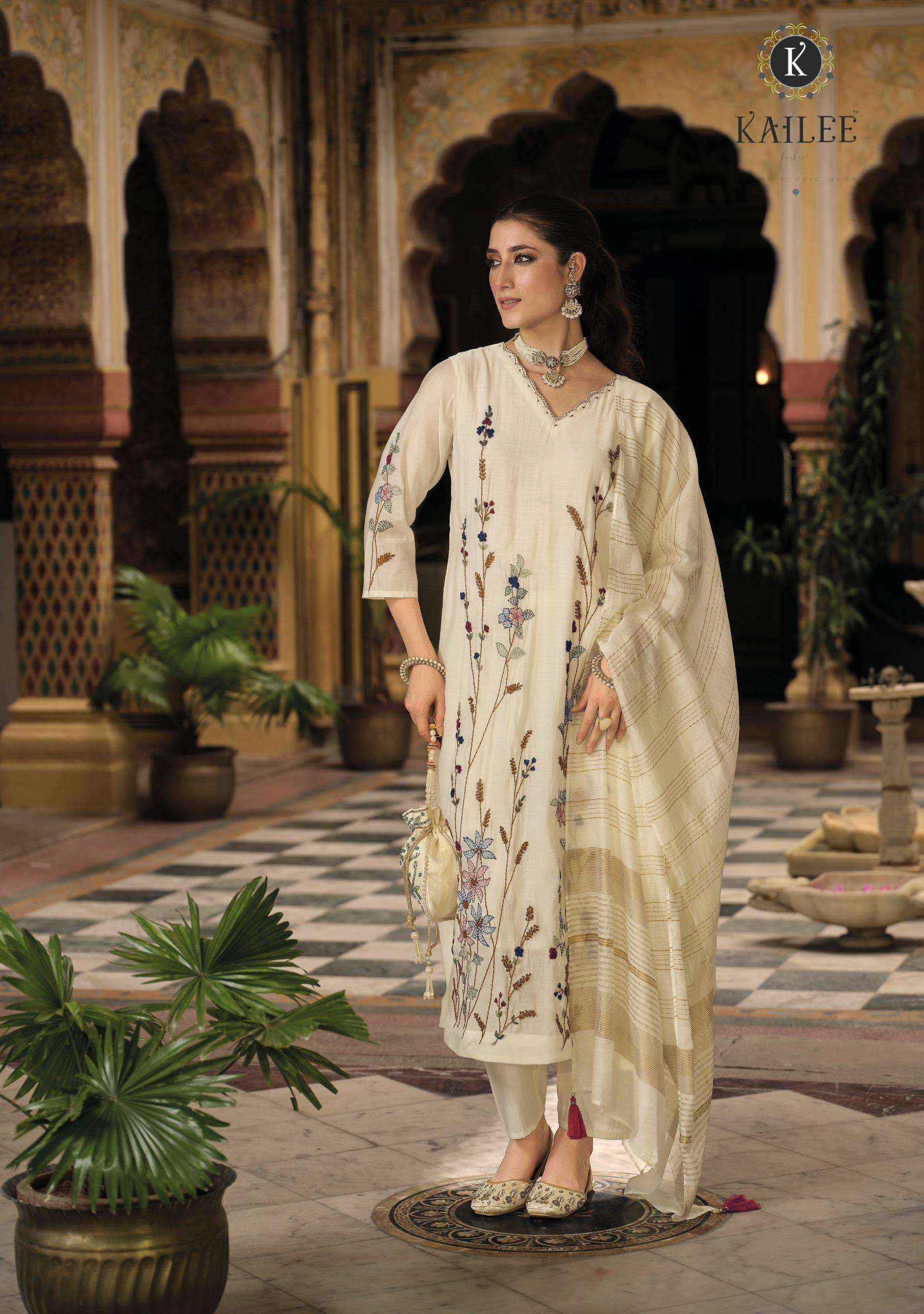 MEHER BY KAILEE FASHION IN PURE MUL CHANDERI VISCOUSE DESGINER FANCY KANTHA HANDWORK 