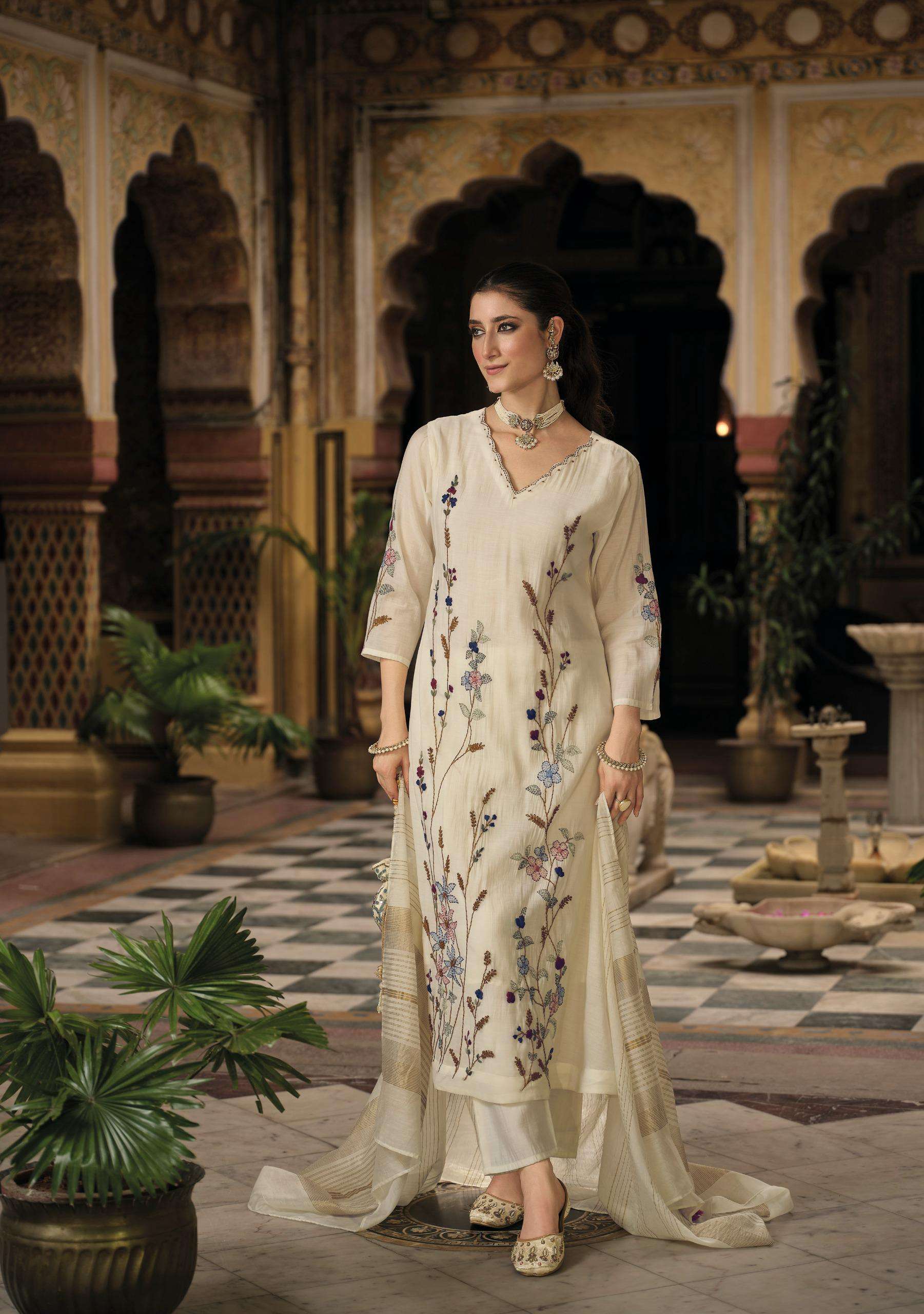 MEHER BY KAILEE FASHION IN PURE MUL CHANDERI VISCOUSE DESGINER FANCY KANTHA HANDWORK 