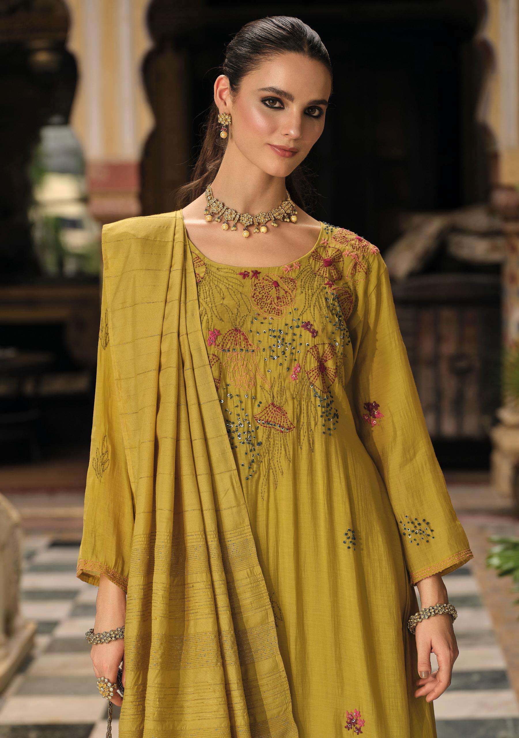 MEHER BY KAILEE FASHION IN PURE MUL CHANDERI VISCOUSE DESGINER FANCY KANTHA HANDWORK 