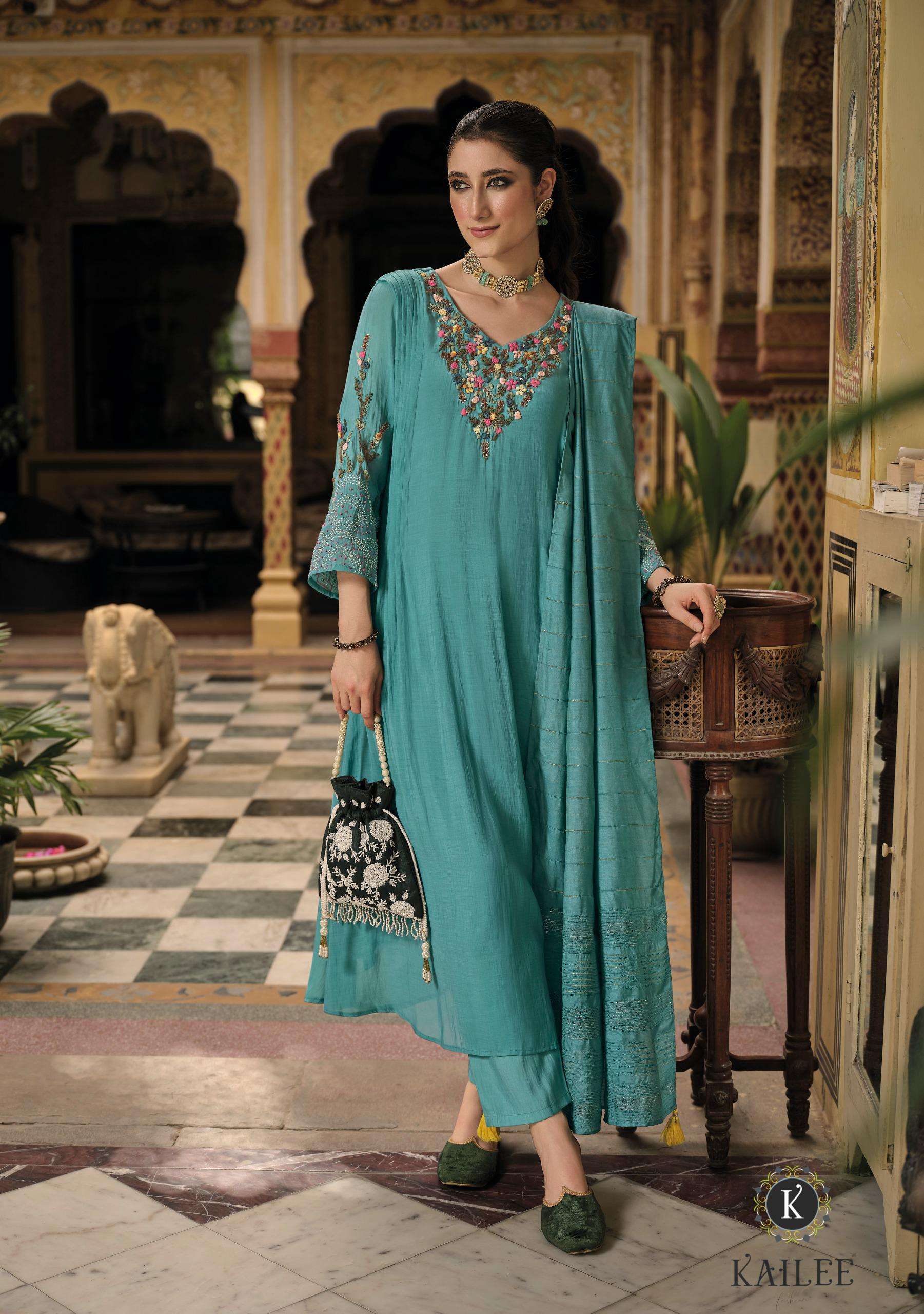 MEHER BY KAILEE FASHION IN PURE MUL CHANDERI VISCOUSE DESGINER FANCY KANTHA HANDWORK 