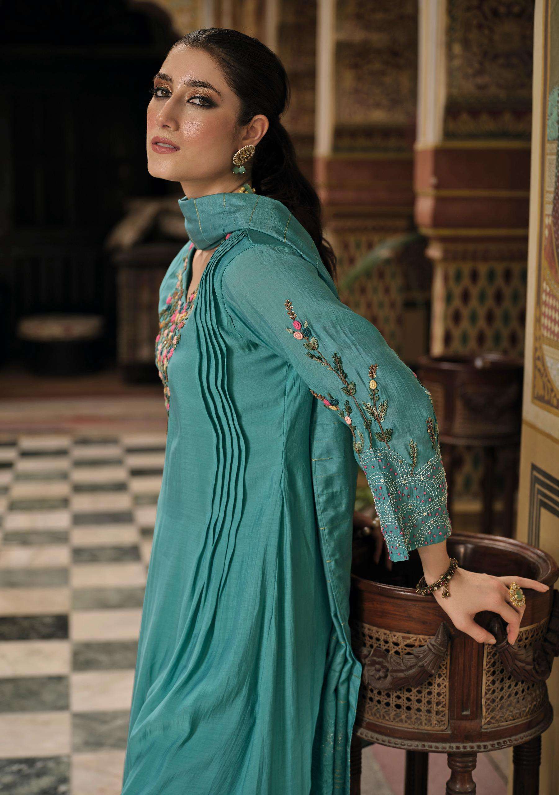 MEHER BY KAILEE FASHION IN PURE MUL CHANDERI VISCOUSE DESGINER FANCY KANTHA HANDWORK 