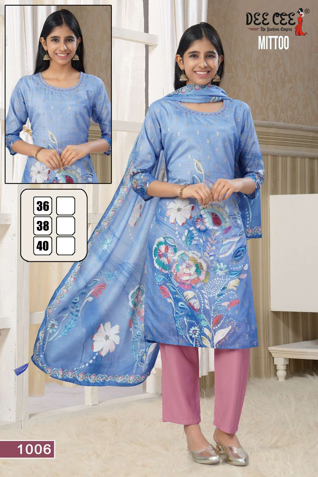 MITTOO BY DEECEE IN DIGITAL CHANDERI SILK STRAIGHT KURTI WITH INNER AND HANDWORK 