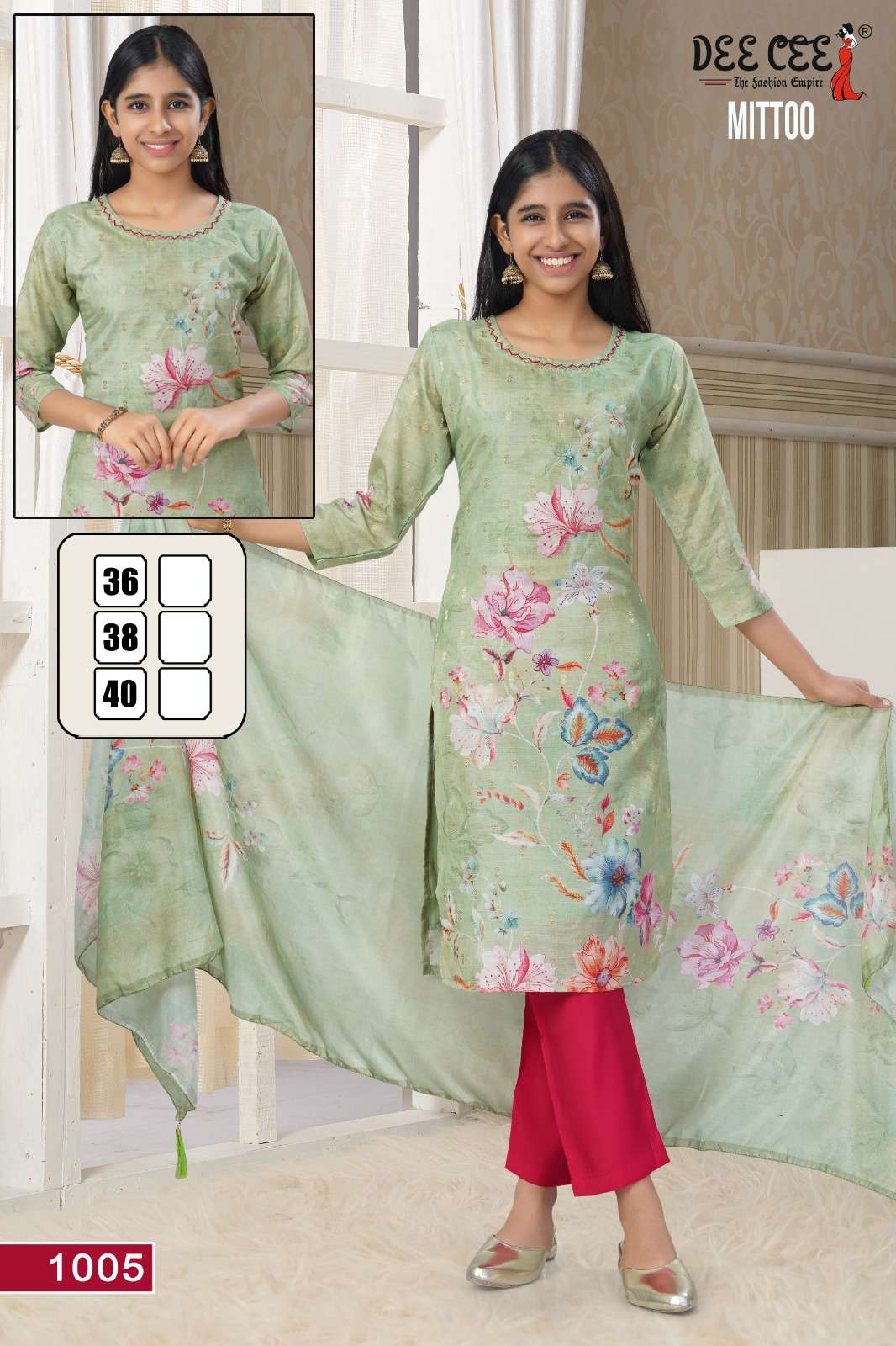 MITTOO BY DEECEE IN DIGITAL CHANDERI SILK STRAIGHT KURTI WITH INNER AND HANDWORK 