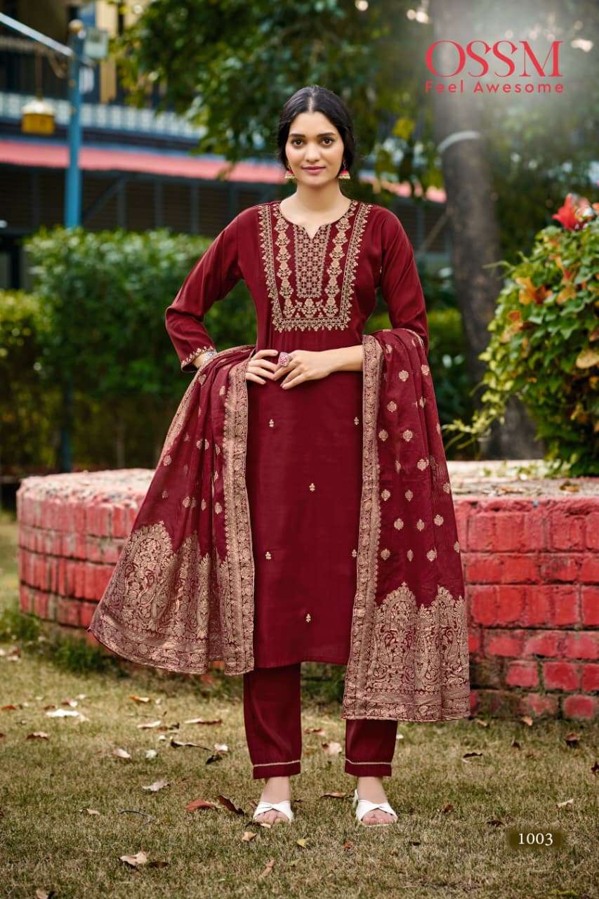 MONALISA VOL-6 BY OSSM PREMIUM VISCOSE ROMAN SLUB HEAVY EMBROIDERY WORK KURTI PANT WITH DUPATTA 